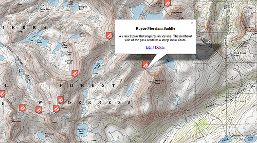 sierra topo map with editable markers